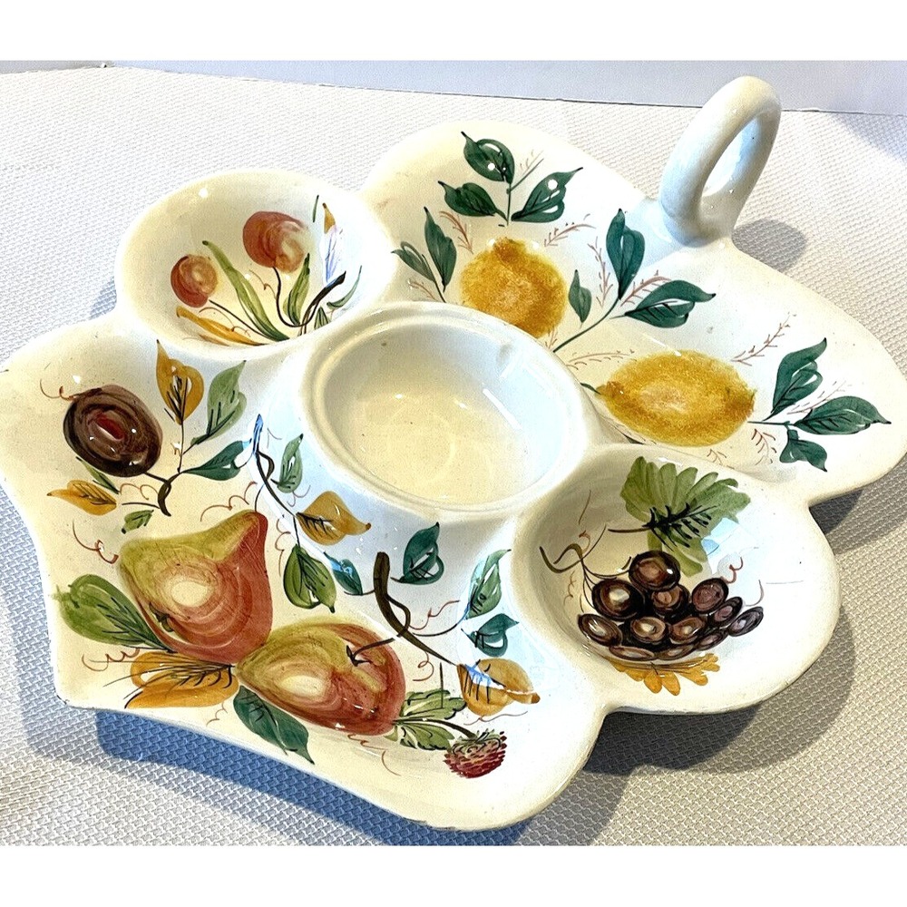Large Divided Serving Dish with handle covered in fruits Nasco Italian Ceramic